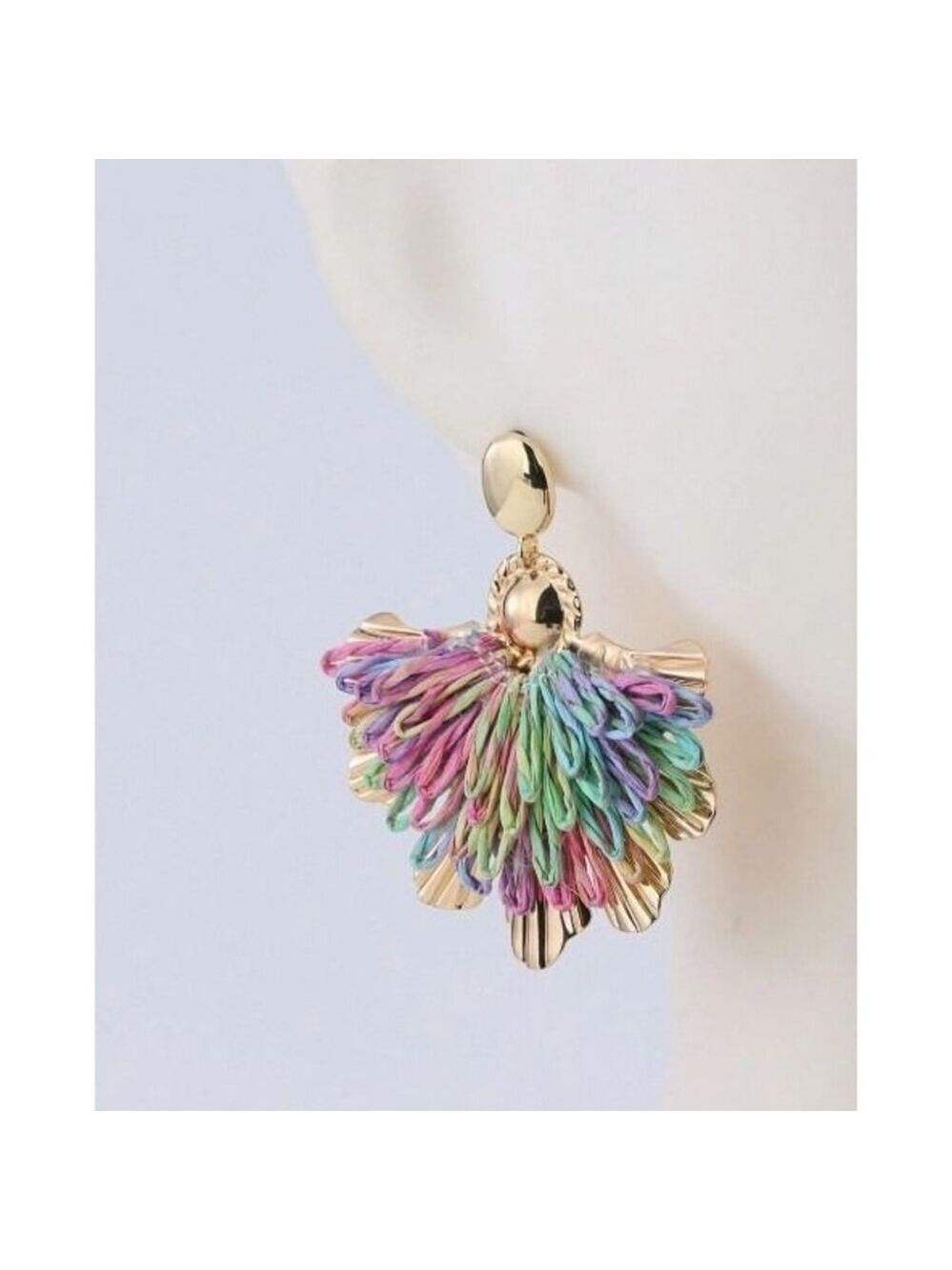 Boho Rainbow Tassel Fan Earrings Gold Tone Statement Dangle